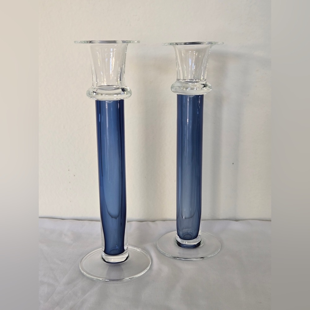 Blue Glass Candlesticks | Set of Two | Tall Clear & Cobalt Candle Holders